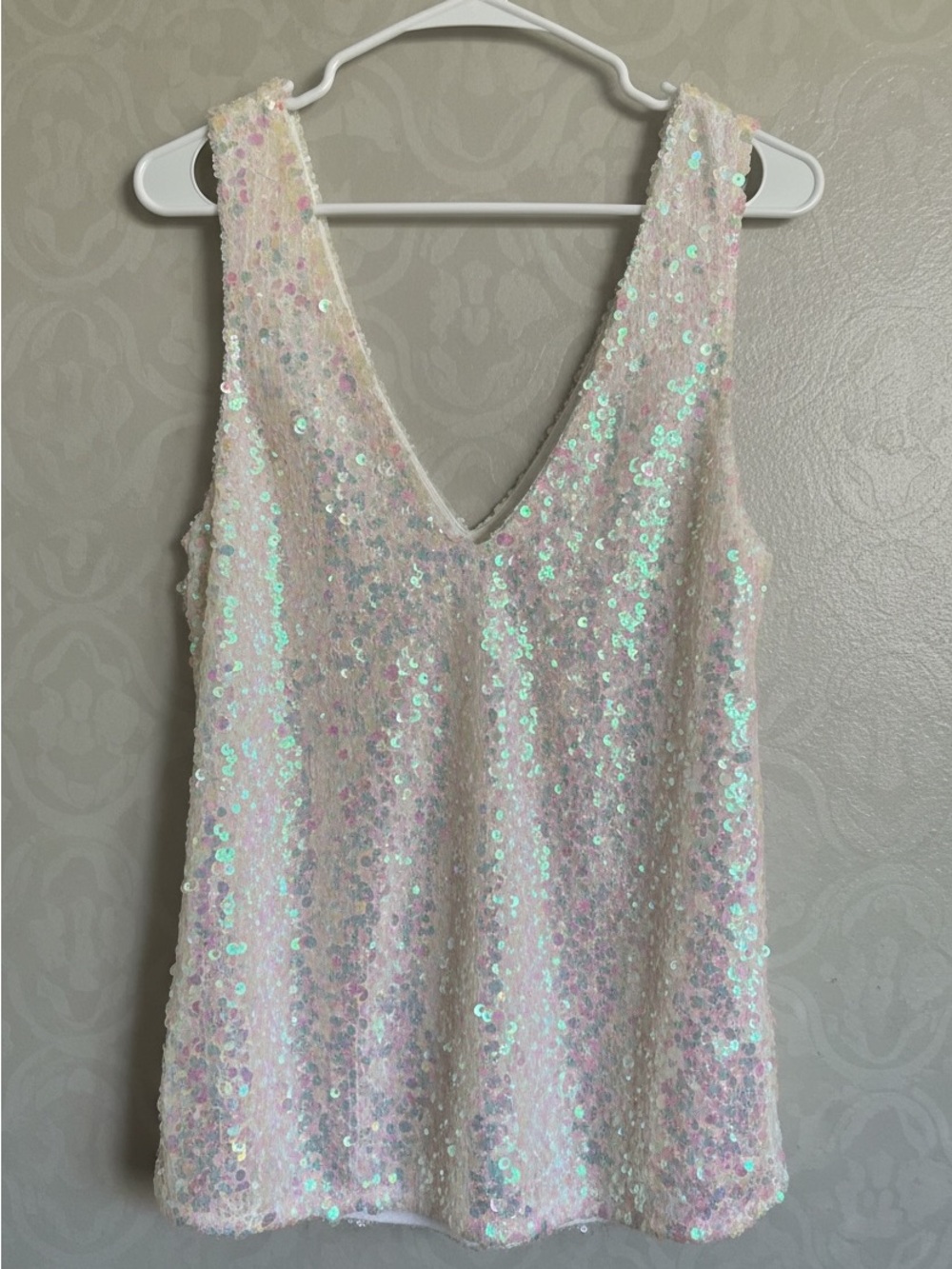 Free People Iridescent Sequin V-Neck Tank Top - Pale Pink